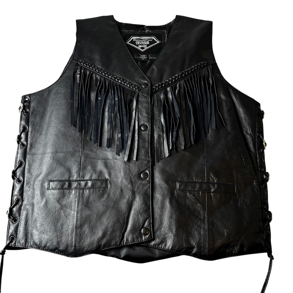 Diamond Plate Leather Fringe Vest Biker Western Festival Lacing XL Concho - Picture 2 of 12